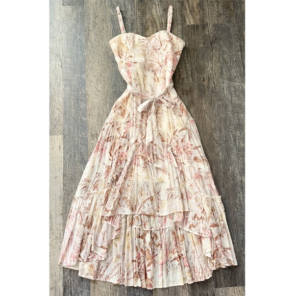 ANTHROPOLOGIE cream tropical palm trees high low flounced Adriana midi dress 8 - Picture 1 of 13